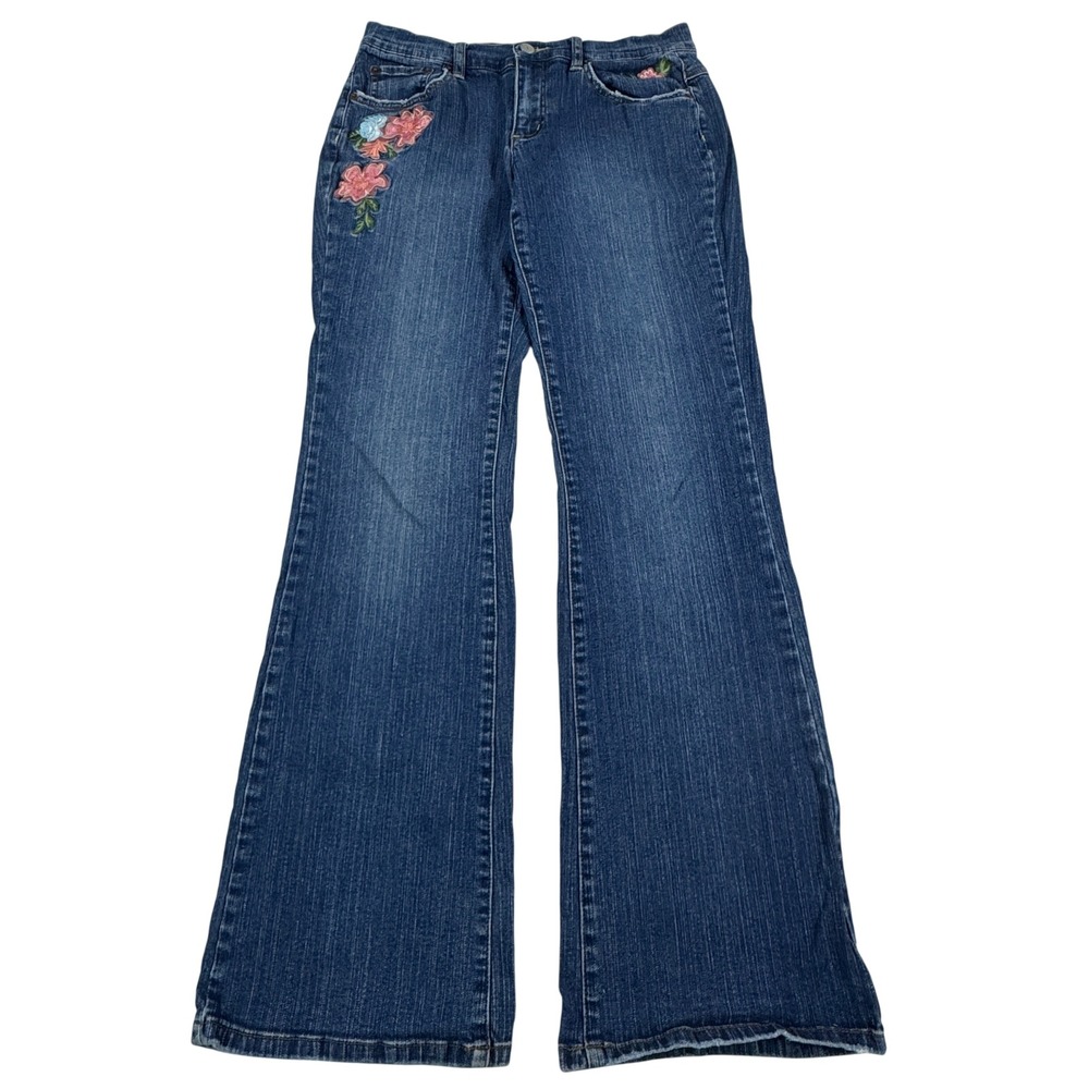 Y2K Tint Floral Embroidered Flare Leg Jeans Medium Wash Women's 6 Boho Whimsical